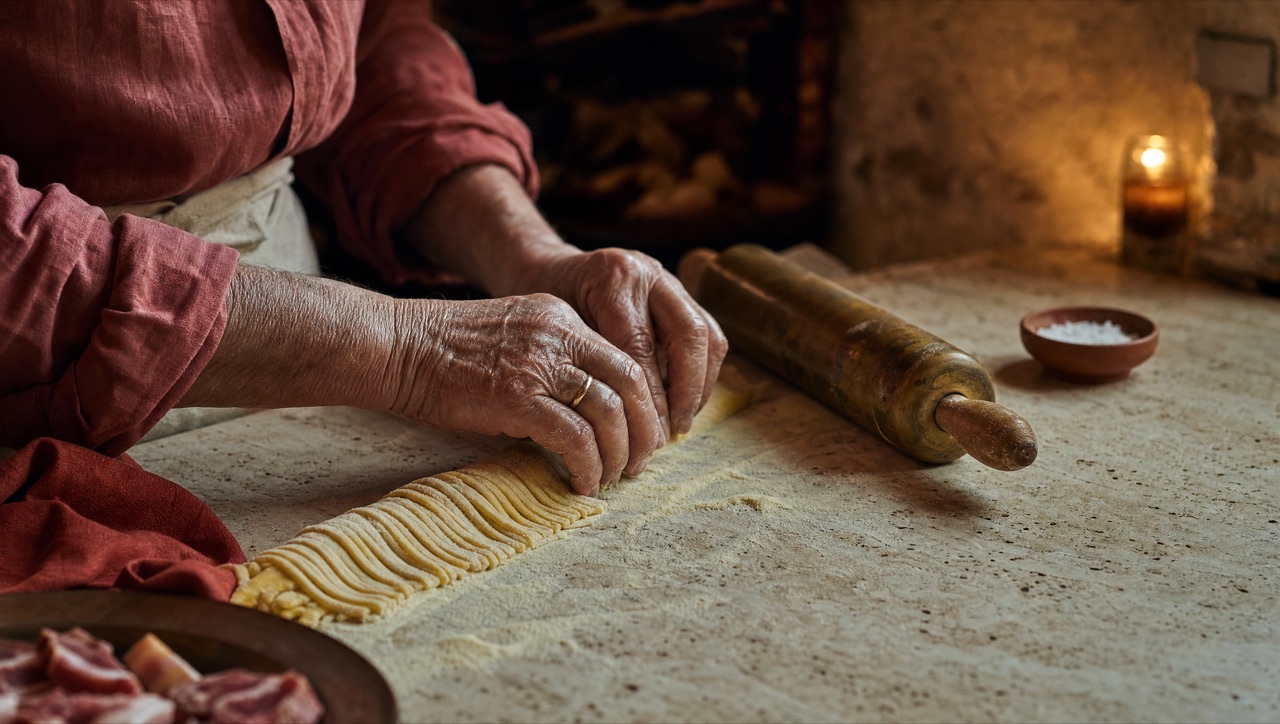 A nonna's hands rolling fresh pasta on a flour-dusted counter